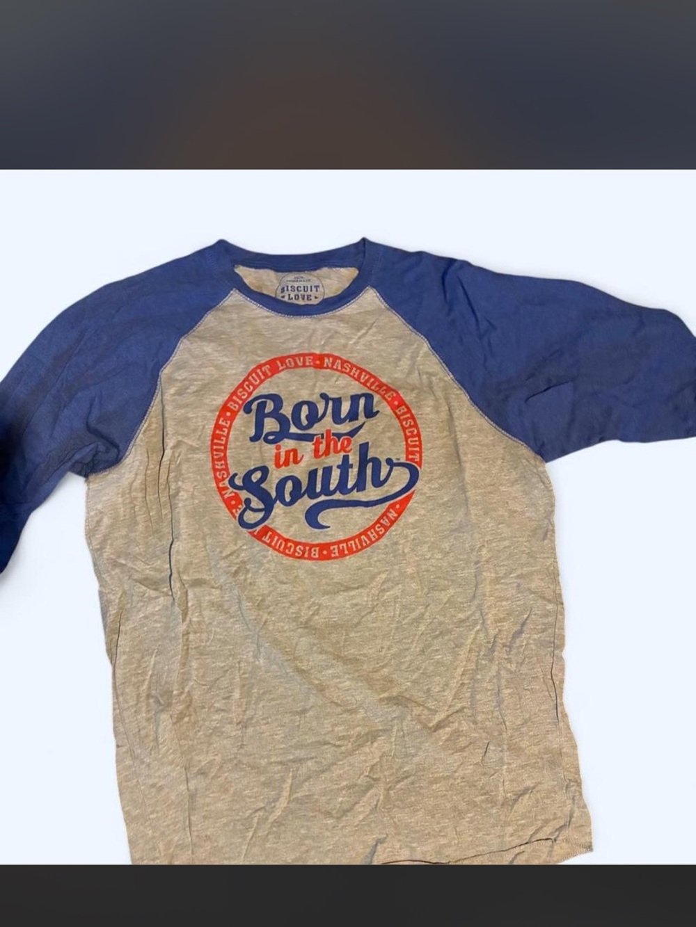 Born in the South Raglan Long Sleeve Tee - Blue and Cream